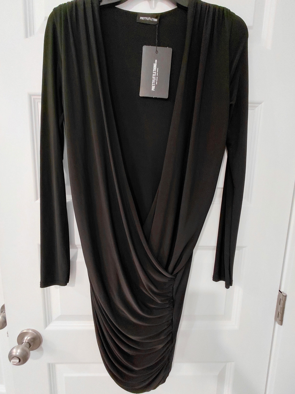 PrettyLittleThing Black Draped Ruched Long Sleeve Wrap Dress